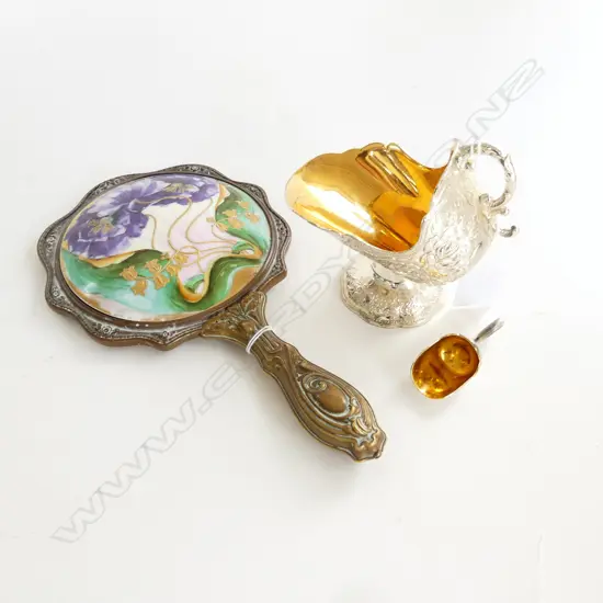 ART NOUVEAU BRASS & PURPLE POPPY PAINTED HAND MIRROR + S/PLATE SUGAR SCUTTLE W SCOOP