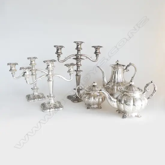 EP TEAPOT, COFFEEPOT, LIDDED SUGAR H.230mm + 3 EP CANDLESTICKS H.340mm