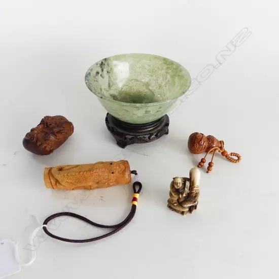 JADE BOWL ON STAND 125mm dia + 3 WOOD CARVINGS & RESIN NETSUKE