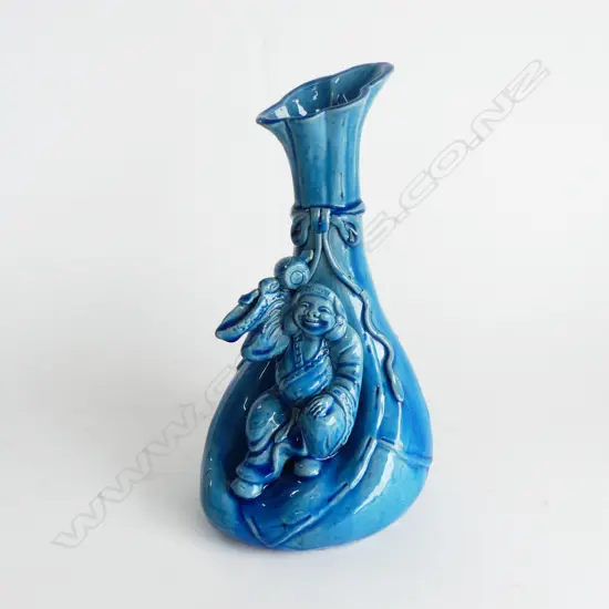 VINTAGE ORIENTAL BLUE GLAZED HOTEI VASE H250MM