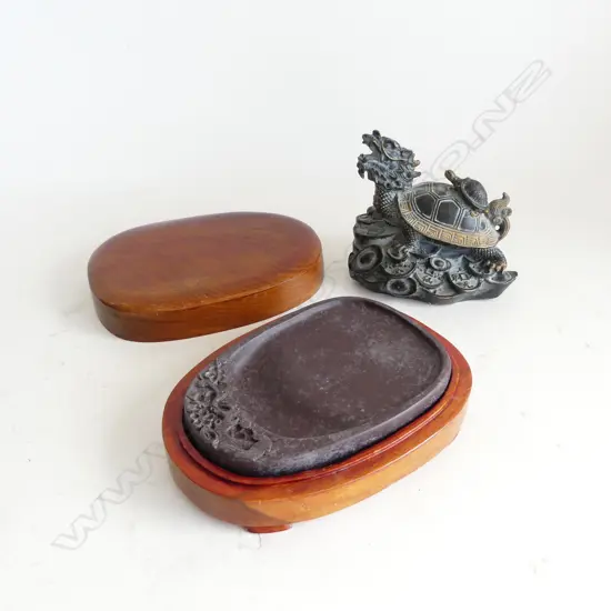 A WOODEN CASED INK STONE & FENG SHUI DRAGON H.100mm