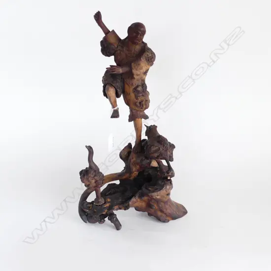 JAPANESE MEHJI PERIOD WOOD ROOT CARVED SAMURI FIGURE H410MM