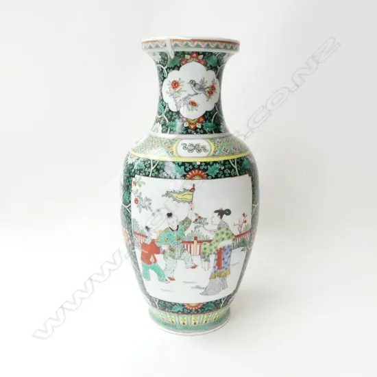 CHINESE FAMILLE VERTE VASE (HOLE IN BASE) H.355mm