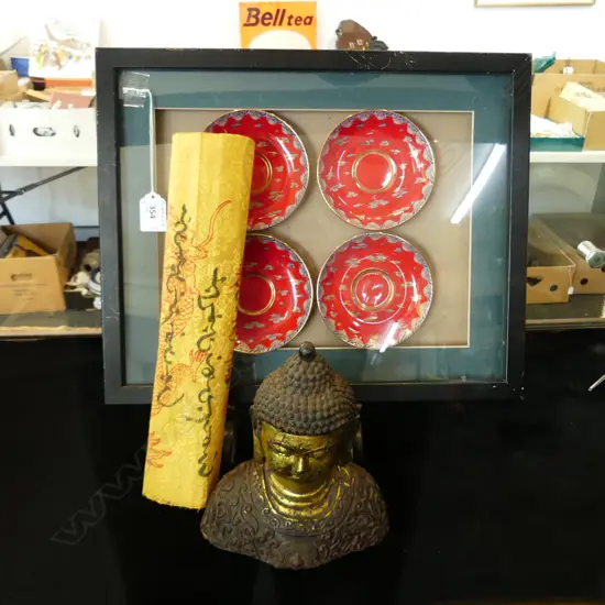 CHINESE SCROLL, 4 FRAMED PLATES & CAST IRON BUDDHA BUST, H.200mm