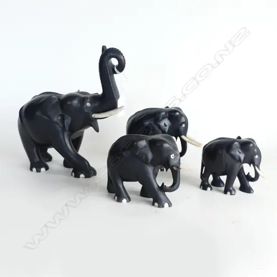 FAMILY OF 4 EBONY ELEPHANTS 2 TUSKS MISSING H230MM TALLEST