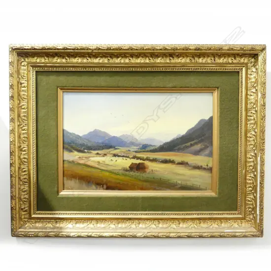 CHARLES BLOMFIELD (ATTRIBUTED), LANDSCAPE w. HAYRICKS & CATTLE, OIL ON BOARD 260x395mm