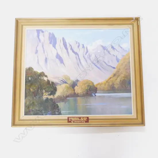 'KAWERAU RIVER & THE REMARKABLES', OIL ON BOARD BY LEONARD LONG, EX THE COLLECTION OF LION NATHAN IN KYBER PASS RD, OBTA