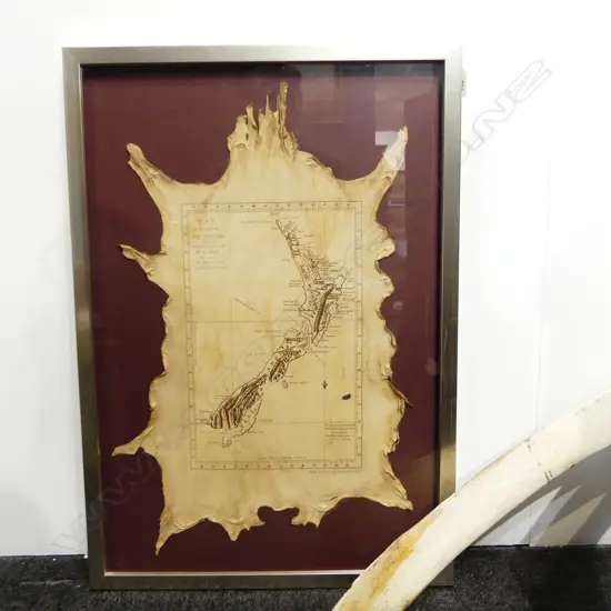 COOK MAP OF NZ ON POSSUM SKIN, FRAMED 645x435mm
