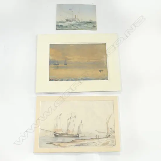 3 ANTIQUE MARINE WATERCOLOURS: French steam & sail ship + W. Wylde + Fine Winter's Day Wellington. Largest 230 x 380mm