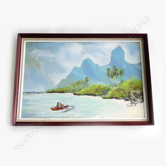 ISLAND SCENE HAWAII?, ACRYLIC ON BOARD, SIGNED, 600 x 880mmm