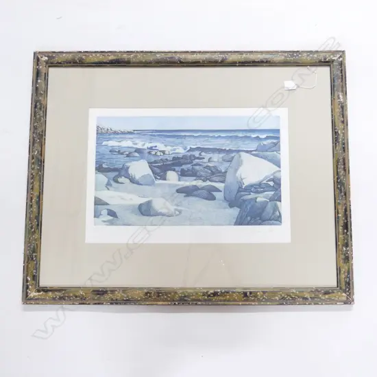 SIGNED PRINT, ROCKY COASTAL SCENE, 4/99 360x540mm