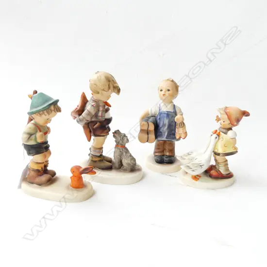 4 HUMMEL FIGURINES; 2 BOYS w. ANIMALS, GIRL w. DUCKS, COBBLER, (BOY & BUNNY REPAIRED)  H.140mm