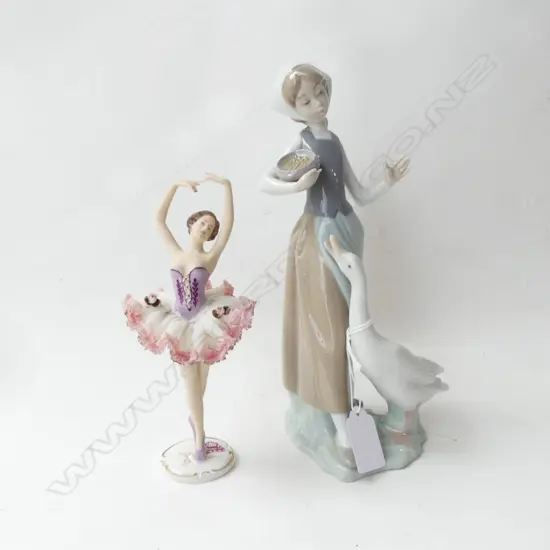 LLADRO WOMAN w. GOOSE H.240mm neck repaired + DRESDEN BALLERINA H.175mm