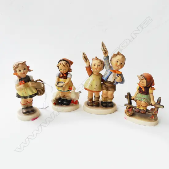 4 HUMMEL FIGURINES, GIRL w. GEESE (REPAIRED), GIRL ON FENCE, etc, H.150mm