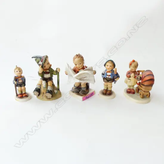 5 HUMMEL FIGURINES; BOY w. PIG, 2 TRAVELLERS, etc (3 w. REPAIR & LOSS) H.120mm