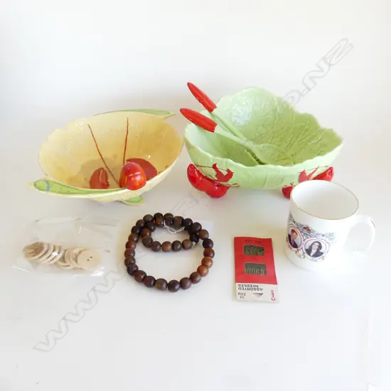 TWO CARLTON WARE LOBSTER SERVING DISHES (one discoloured) & SERVERS , ROYAL CUP & STRING of BEADS