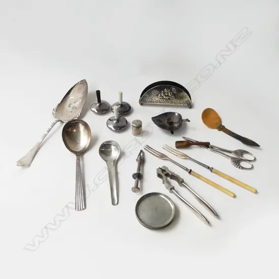 BAG OF MIXED CUTLERY  SPOONS GRAPE SCISSORS NUT CRACKERS ETC