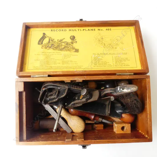 WOODEN CASE w. STANLEY PLANE, CHISELS, ASST. LEATHER WORK TOOLS