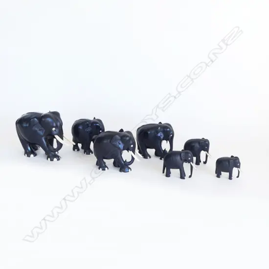 FAMILY OF 7 EBONY ELEPHANTS 120MM TALLEST