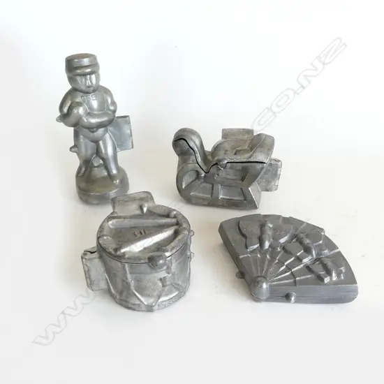 4 VINTAGE PEWTER ICE CREAM MOULDS; DRUM, BASEBALL PLAYER,FAN w BUTTERFLYS & SLEIGH