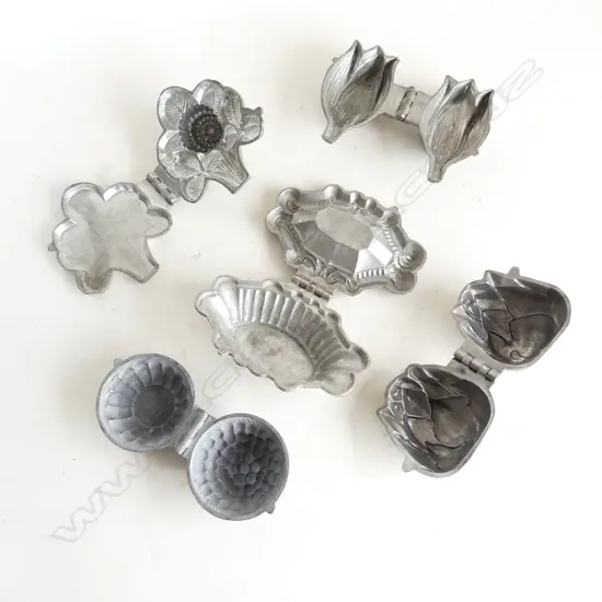 5 VINTAGE PEWTER ICE CREAM MOULDS; TULIP, ARTICHOKE, PIE SHELL, THISTLE & BASKET of BERRIES