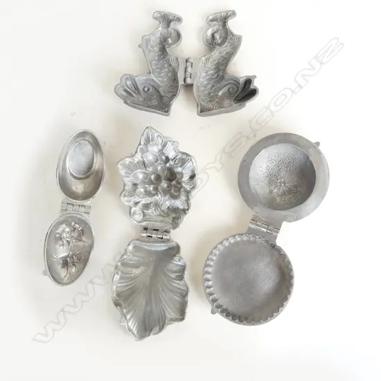 4 VINTAGE PEWTER ICE CREAM MOULDS; DOLPHIN, GRAPES, TART CASE & BABY IN EGG