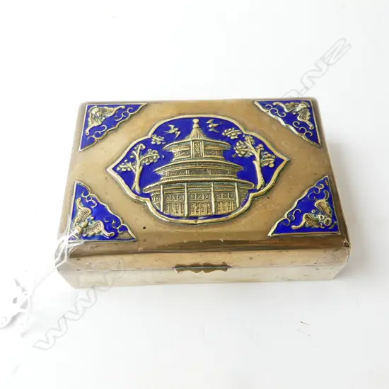 ORIENTAL BRASS & ENAMEL BOX w. WOOD INTERIOR 125x86x40mm