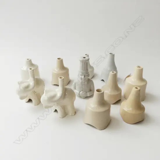 11 ASSTD. VINTAGE PIE FUNNELS NUTBROWN ETC (3 SMALL CHIPS)