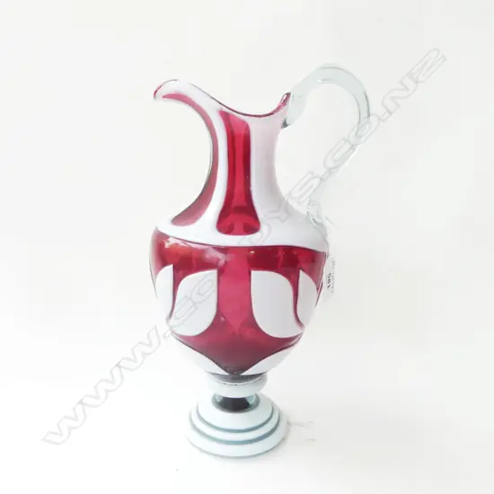 RED & WHITE OVERLAY GLASS JUG H.305mm