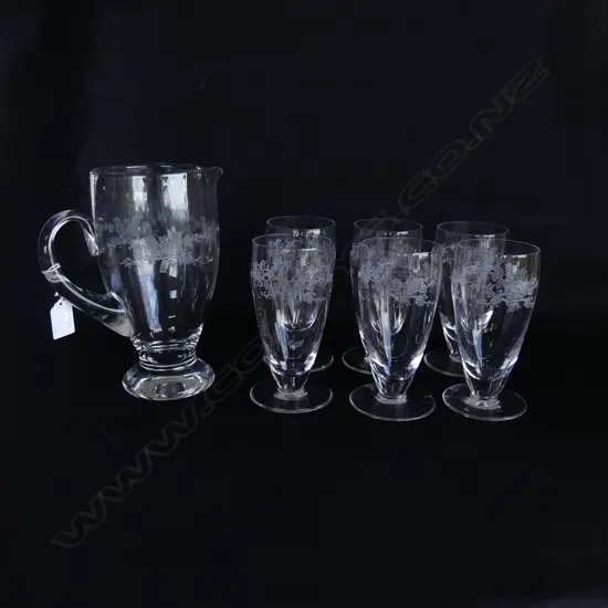 STUART CRYSTAL WATER SET JUG H220 & 6 MATCHING BIRD ETCHED GLASSES H160MM