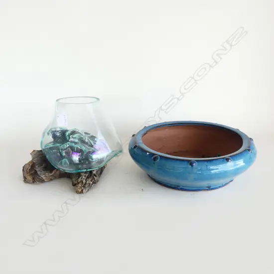 SHALLOW BLUE GLAZED PLANTER 310mm dia, GLASS VASE ON DRIFTWOOD