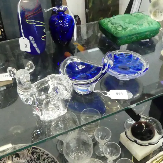 TWO PCS MID CENTURY FLYGSFORS GLASS, SIGNED ON BASE, DIA.90mm & ORREFORS SWEDEN GLASS DEER H.110mm