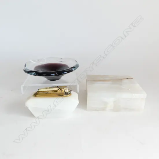 3 PCS; MARBLE DESK LIGHTER & HINGED BOX & GLASS FLOWER SHAPED DISH