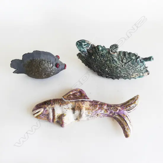 3 sculpted pottery pieces: teapot + fish + stylised mask. Minor faults