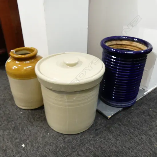 2 CROCKS, ONE LIDDED H.260mm + BLUE GLAZED 'FIRED EARTH' PLANTER POT