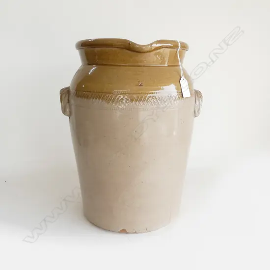 LG STONEWARE CROCK, GLAZED w HANDLES H.360mm (HAIRLINE CRACK)