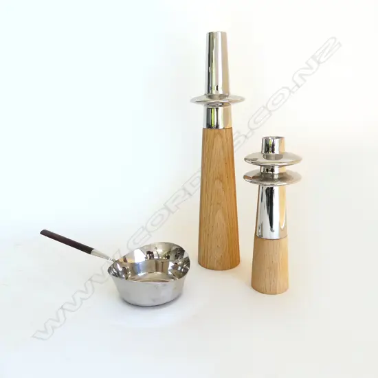 2 GEORG JENSEN CANDLESTICKS H.350, 210mm + NORWEGIAN BUTTER / BRANDY WARMER PAN