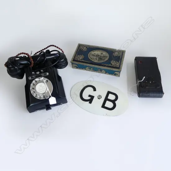 4 ITEMS; VINTAGE BLACK TELEPHONE, EASTMAN KODAK No. 2-A FOLDING AUTOGRAPHIC CAMERA, 'GB' AA METAL SIGN & A METAL TIN
