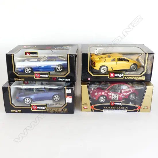 4 BOXED BURAGO 1:18 DIE-CAST MODELS; PORSCHE 911 CABRIOLET 1994