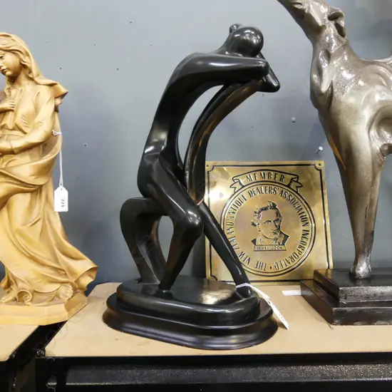 BLACK RESIN SCUPLTURE, SEATED MAN H.380mm