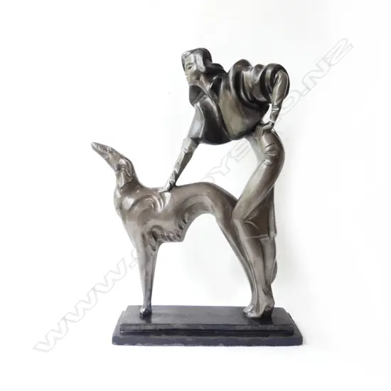 "AFTERNOON STROLL" ART DECO SCULPTURE, LADY & BORZOI DOG AF (small repair to base). 440x150x700mm