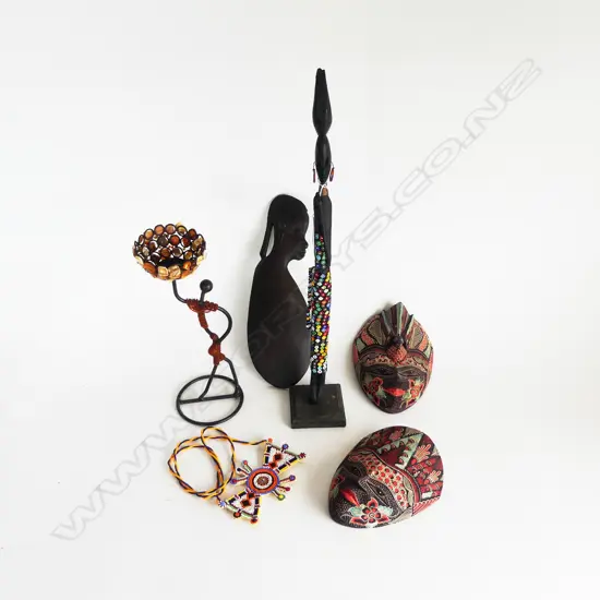 6 ASST. TRIBAL PCES; PR MASKS, 3 AFRICAN FIGURES, MAASAI STYLE BEADWORK NECKLACE