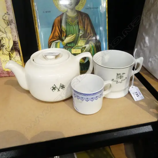 3 SHIPPING CO. CHINA PCES: NZSCo TEAPOT with faults + MUG + HALL LINE demi tasse cup