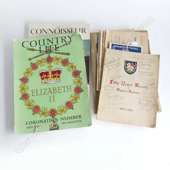 VINTAGE MAGS; '50 YRS RUGBY AUCK 1883-1933' w SIGNATURES INCLD 1896 ALL BLACK HARRY FROST & 'COUNTRY LIFE' CORONATION ED