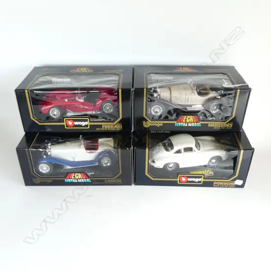 4 BOXED BURAGO 1:18 DIE-CAST MODELS ;LANCIA AURELIA B24 SPIDER 1955, FERRARI 250 TESTA ROSSA 1957, ETC