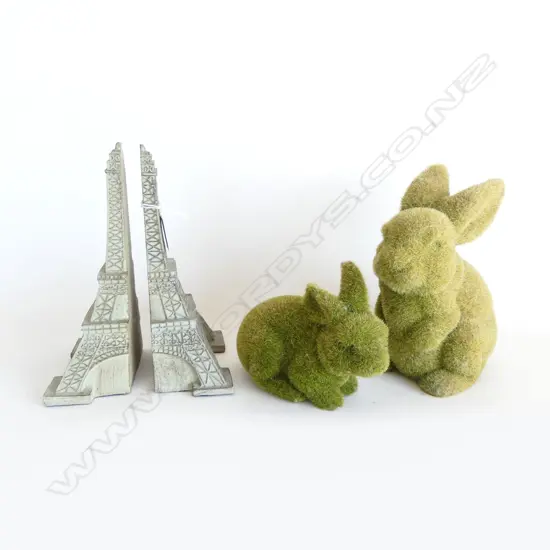 2 GREEN FLUFFY BUNNY RABBITS H.200mm + PR RESIN EIFFEL TOWER BOOKENDS H.220mm