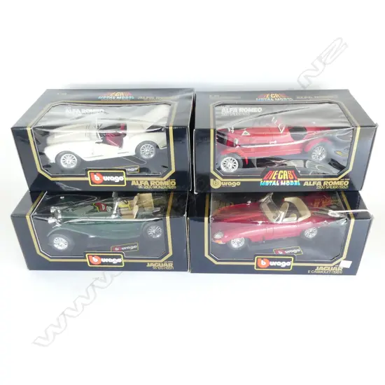 4 BOXED BURAGO 1:18 DIE-CAST MODELS; JAGUAR E CABRIOLET 1961, ALFA ROMEO 2300 SPIDER 1932, etc