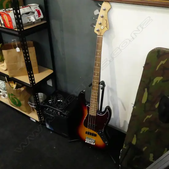  ARIA BASS GUITAR, AMP, STAND w. LEADS