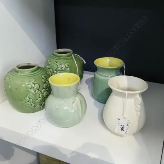 FIVE CROWN LYNN VASES; 2 PALE GRN AMBRICO, ONE CREAM w. TIKI STAMP & TWO GINGER JARS H.100mm