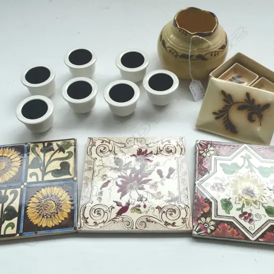 O. C. STEPHENS VASE H.90mm + LIDDED CONTAINER w. 2 PCES INSIDE, 7 ARABIA FINLAND CANDLEHOLDERS H.45mm, 3 VICTORIAN TILES